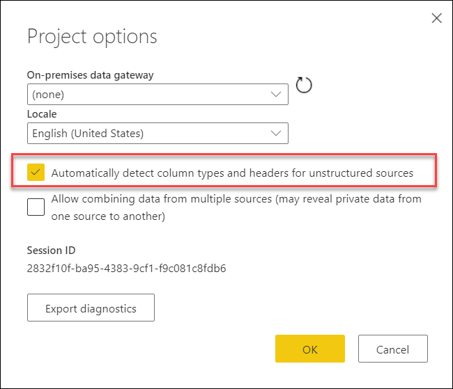 Screenshot of online option to automatically detect data types in project options.