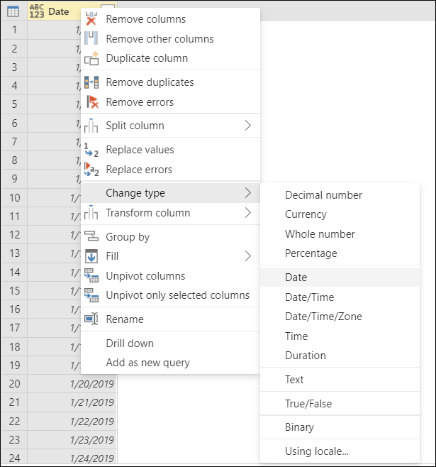 Screenshot of the change type command on the column shortcut menu.