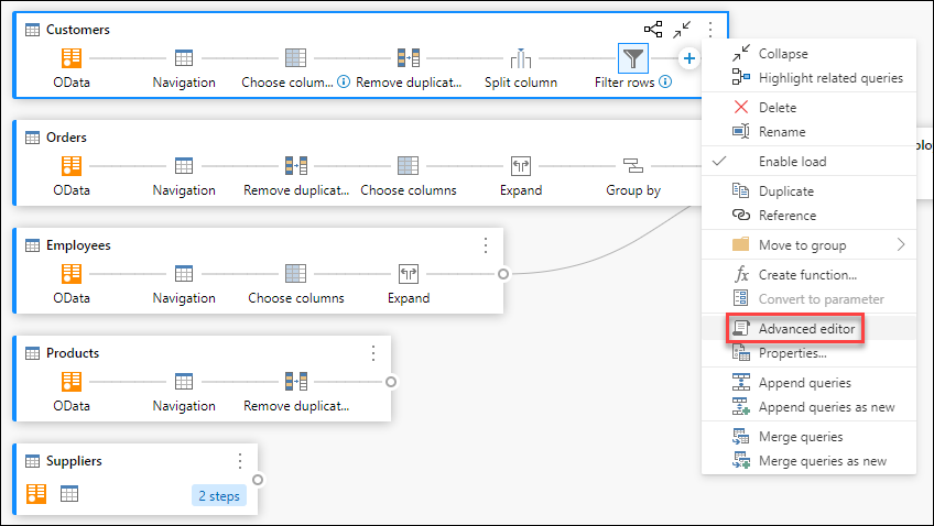 Advanced editor option inside the query contextual menu.