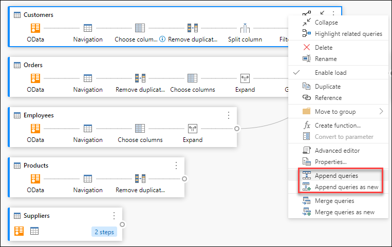 Append queries options inside the query contextual menu.