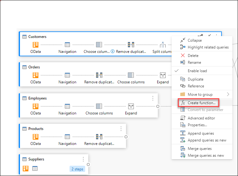 Create function option inside the query contextual menu.