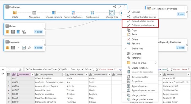 In diagram view's query level context menu, a red box around options to expand or collapse related queries.