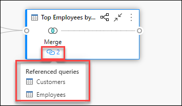 Referenced queries are listed in a callout after hovering over the link icon below a step.