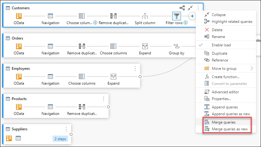 Merge queries options inside the query contextual menu.