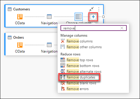 Example of using the + icon in a query to add a new step in the query.