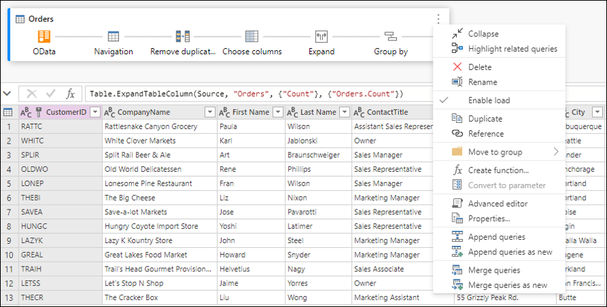 More query level actions provided by the query contextual menu by selecting the three vertical dots or by right-clicking the query.