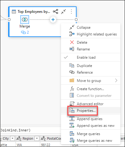 Propertiess option inside the query contextual menu.