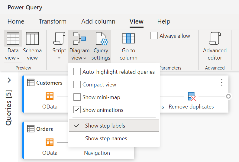 Callout displays diagram view settings after opening from the diagram view button.