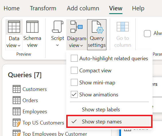 Screenshot of the Diagram view settings under the view tab with Show step names emphasized.