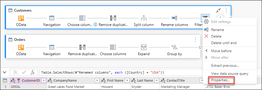 Properties option inside the step level contextual menu after right-clicking a step.