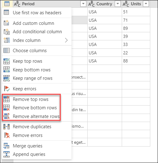 Remove rows operations on the table menu.