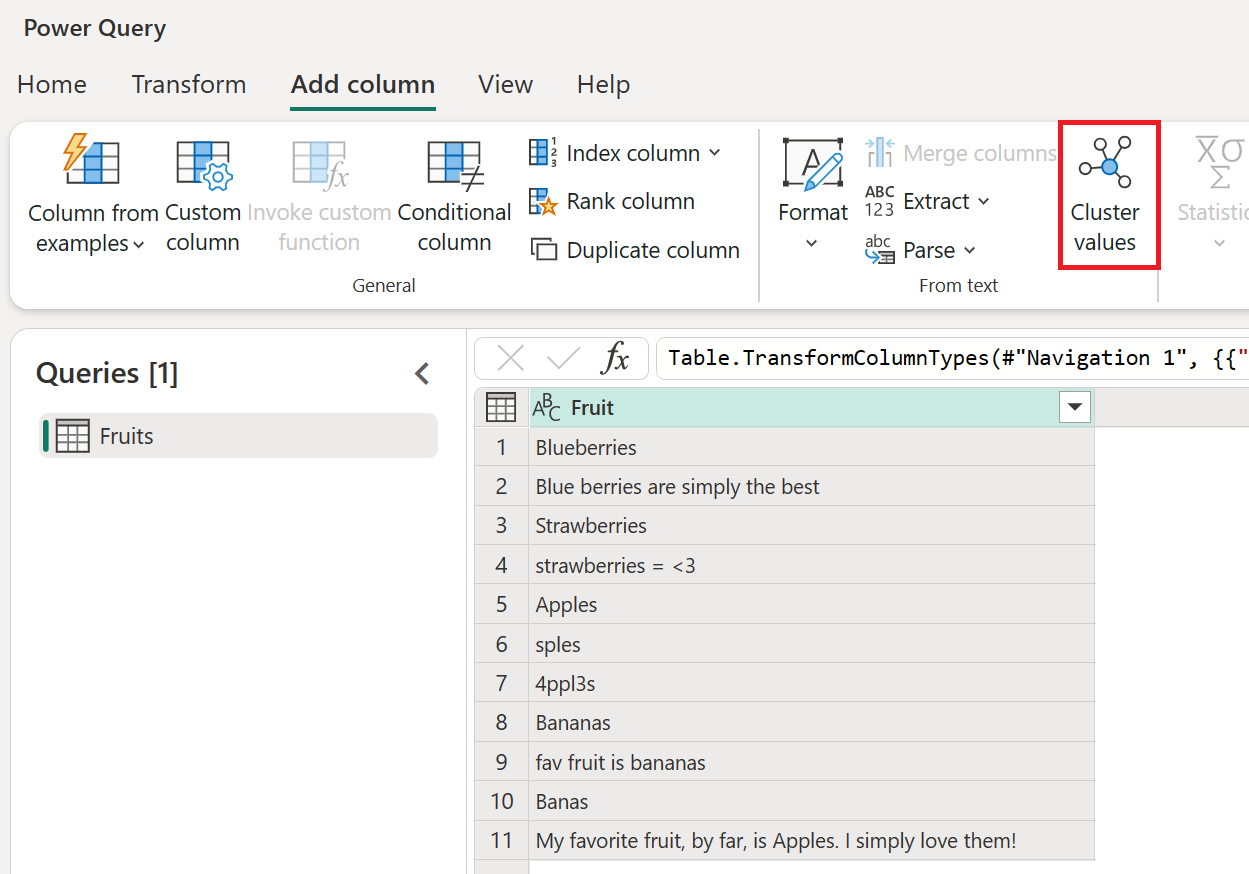 Screenshot with the cluster values option inside the Add column tab in the ribbon available after selecting the Fruit column from the table.