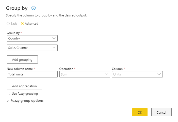 Screenshot of the Group by dialog with the aggregated columns filled in.