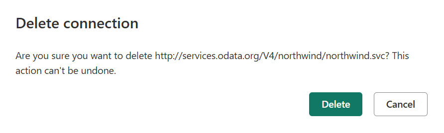 Screenshot of the dialog for deleting a connection for the selected OData connection.