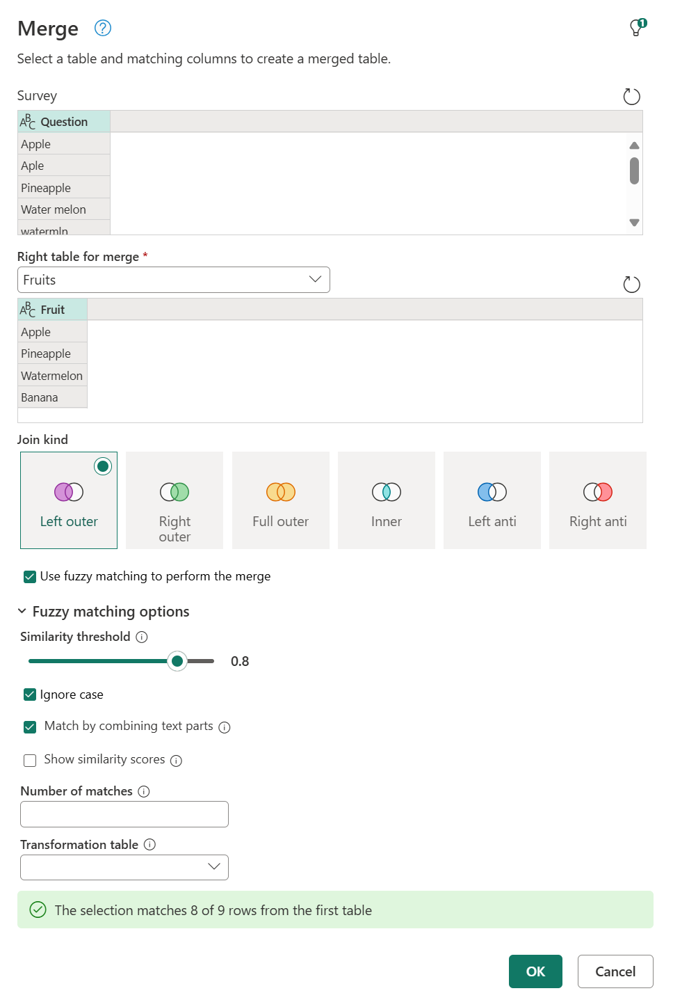 Screenshot of the Merge dialog with the fuzzy matching options displayed.