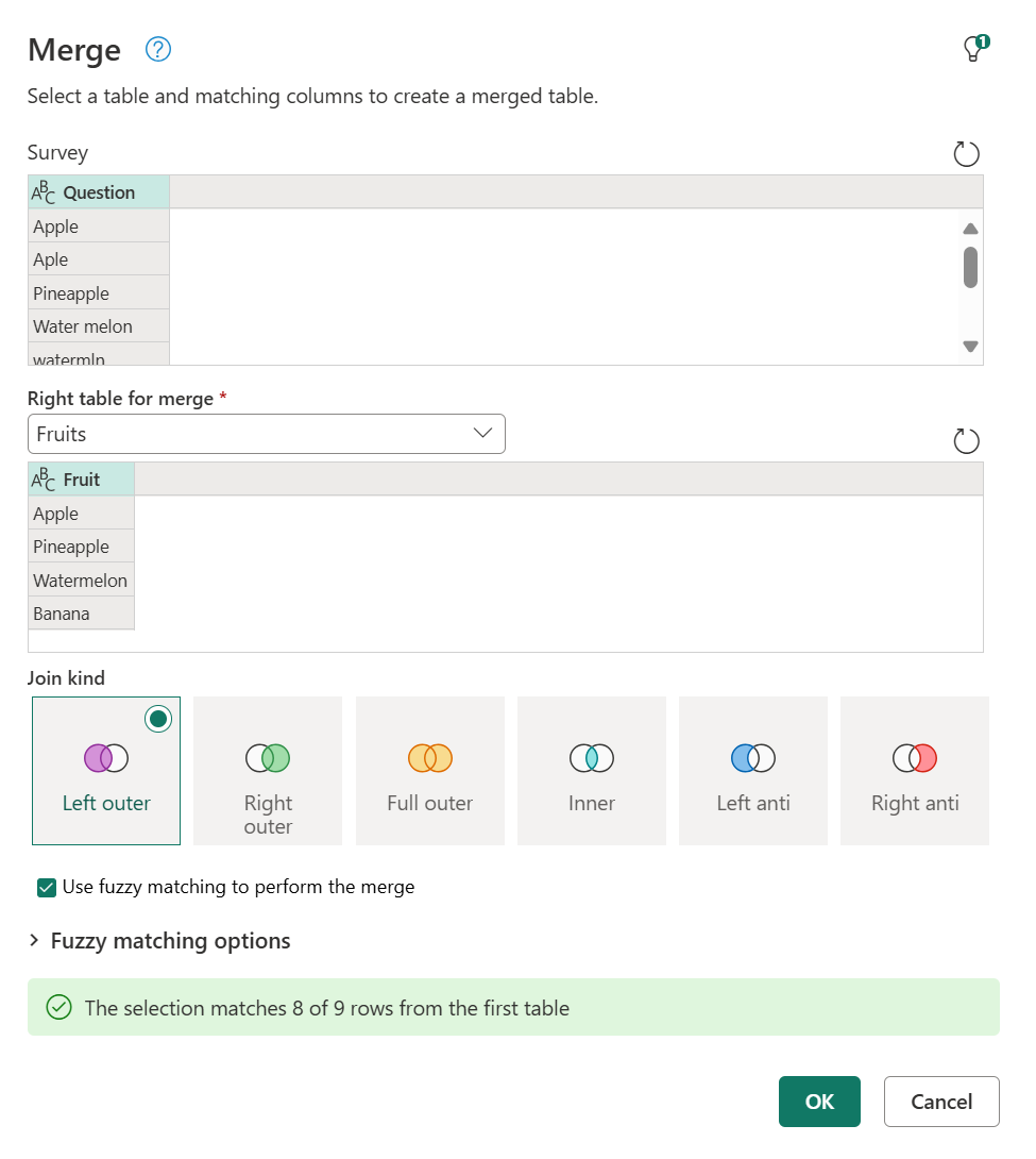 Screenshot of the Merge dialog showing how to use fuzzy matching to perform the merge option.