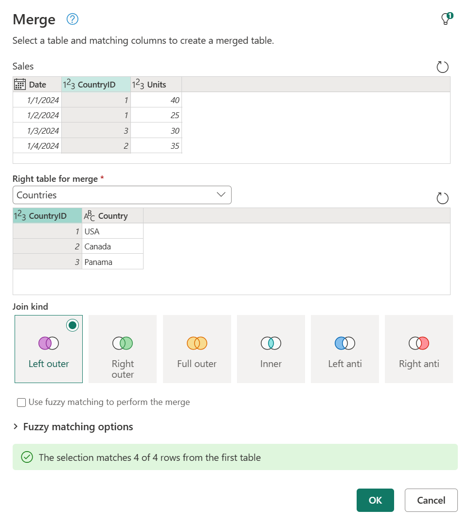 Merge dialog box with left and right tables and columns selected.