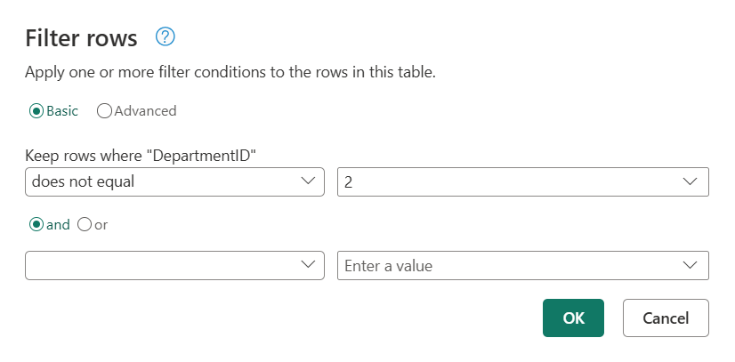 Screenshot demonstrating how to filter the DepartmentID column to only have the values that aren't equal to two.