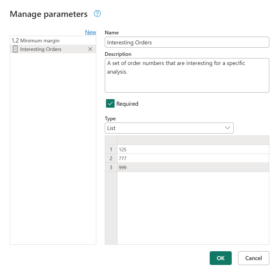 New Interesting Orders list parameter with the values 125, 777, and 999 in the values grid.