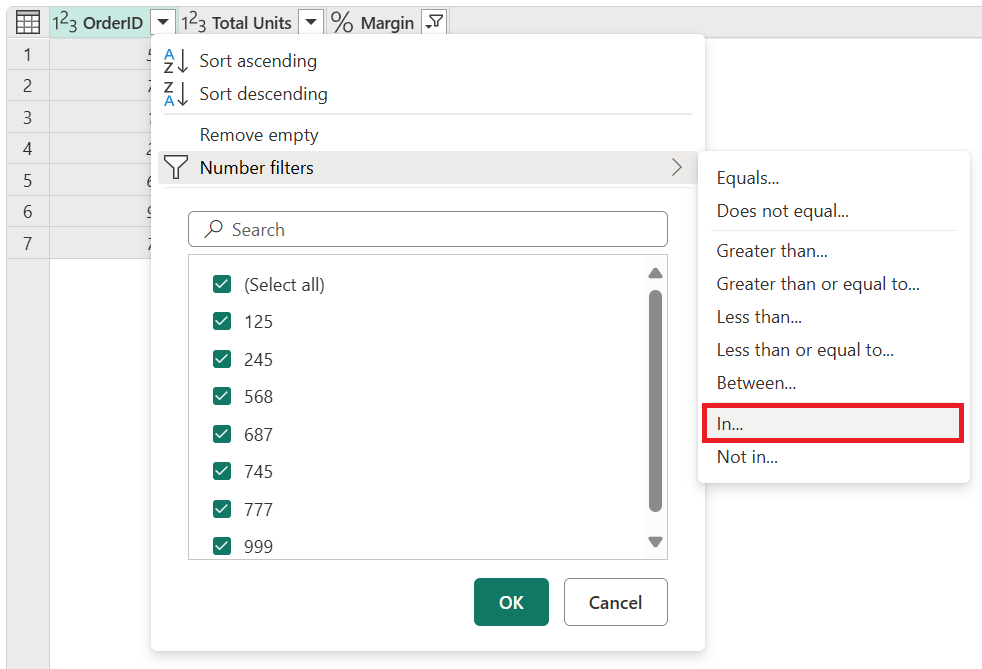 In option inside the Numbers filters sub-menu for the OrderID column.