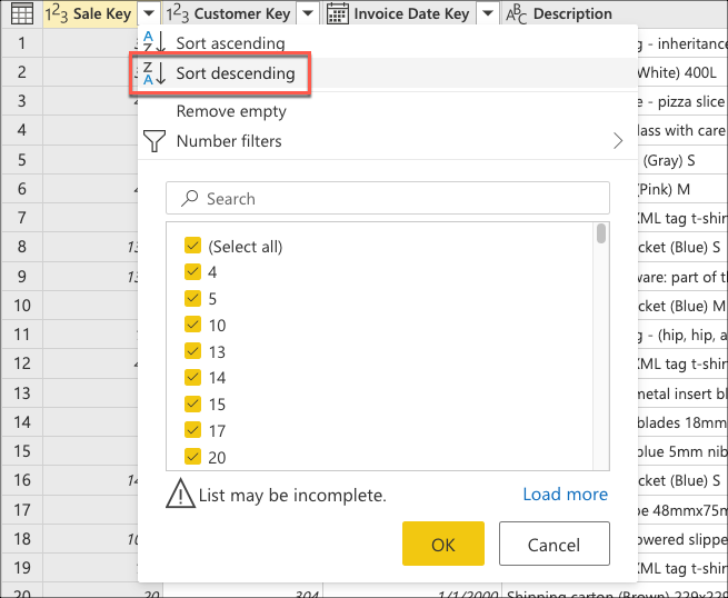 Sort the Sale Key field of the table in descending order using the context menu.