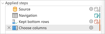 Applied steps pane for the query with the query folding indicators showcasing the Kept bottom rows and the Removed other columns steps.