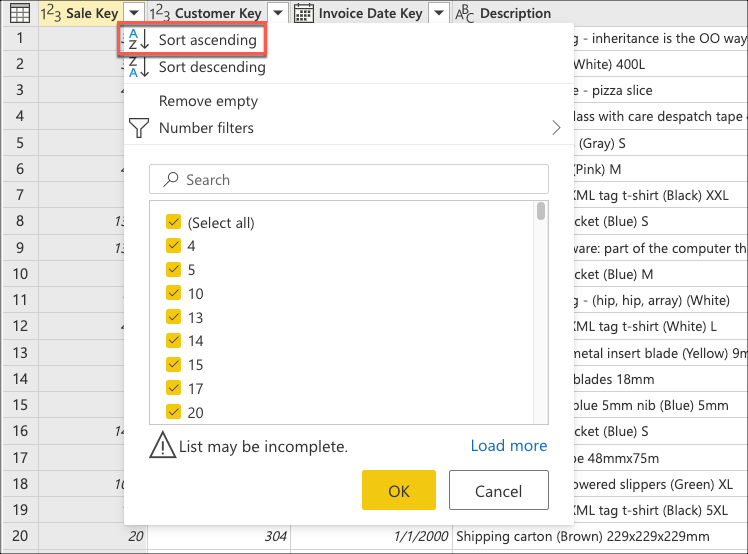 Sort the Sale Key field of the table in ascending order using the auto-filter field contextual menu.