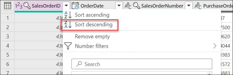 Sorting the SalesOrderID column in descending order using the autofilter menu.