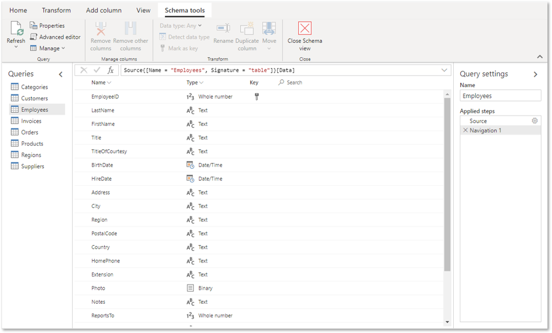 Schema view displays a list with your query's columns information including name, type, and a key decorator.