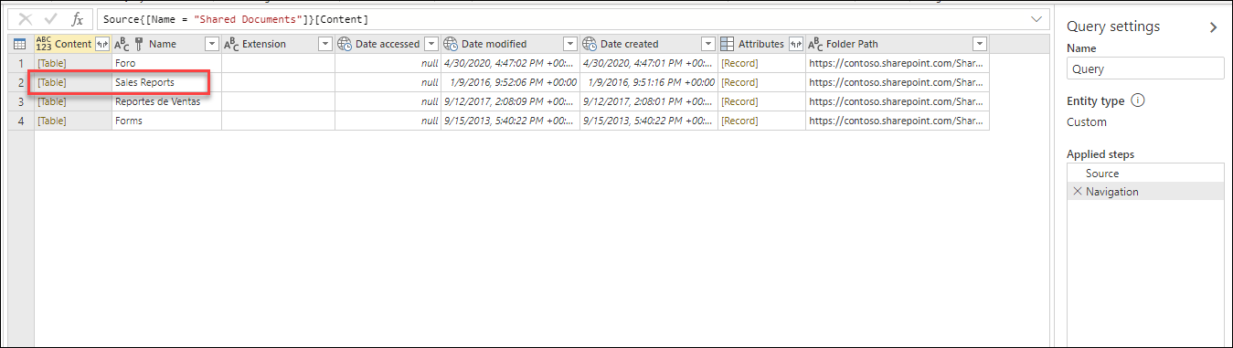 Table preview after navigating to the Shared Documents folder.