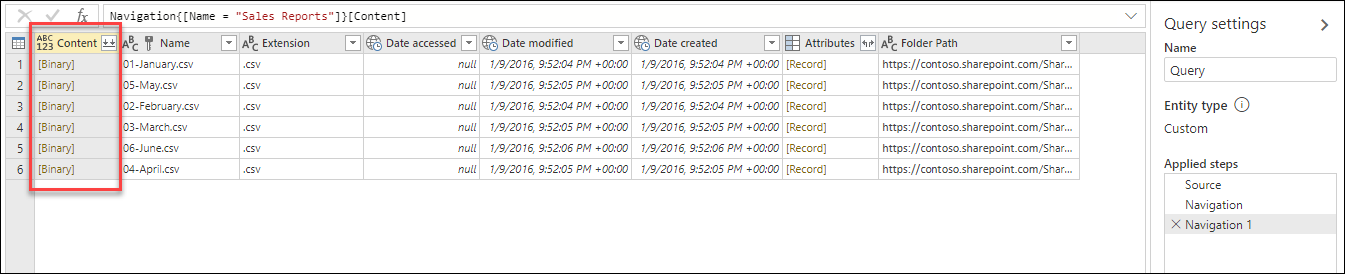 Table preview after navigating to the Sales Reports folder.