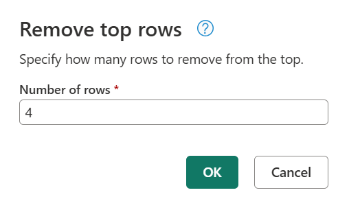 Screenshot of the Remove top rows dialog, with the number of rows set to 4.