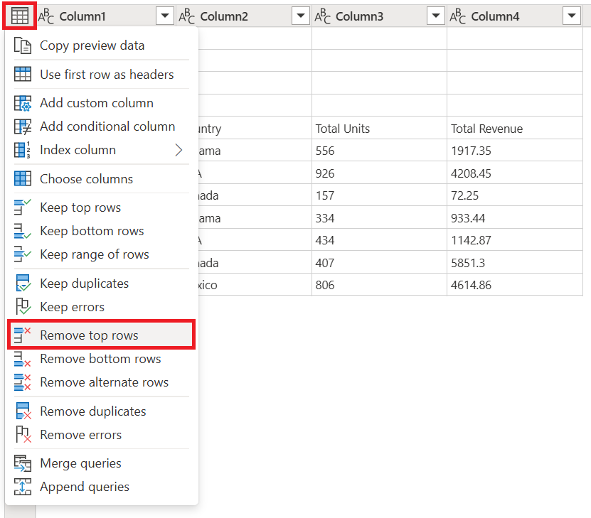 Screenshot of the table menu with the Remove top rows option emphasized.