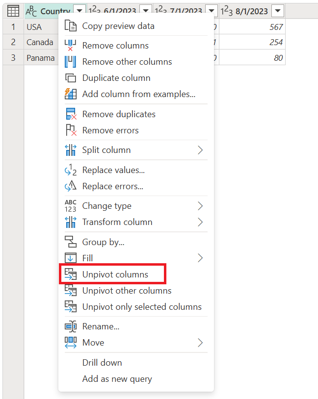 Screenshot of the right-click operation to unpivot columns.