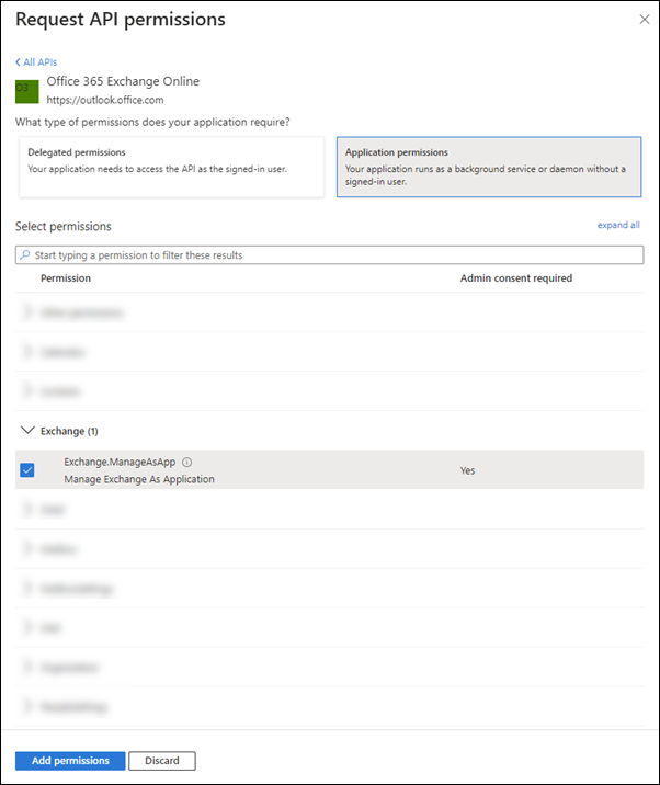 Find and select Exchange.ManageAsApp permissions from the Application permission tab.