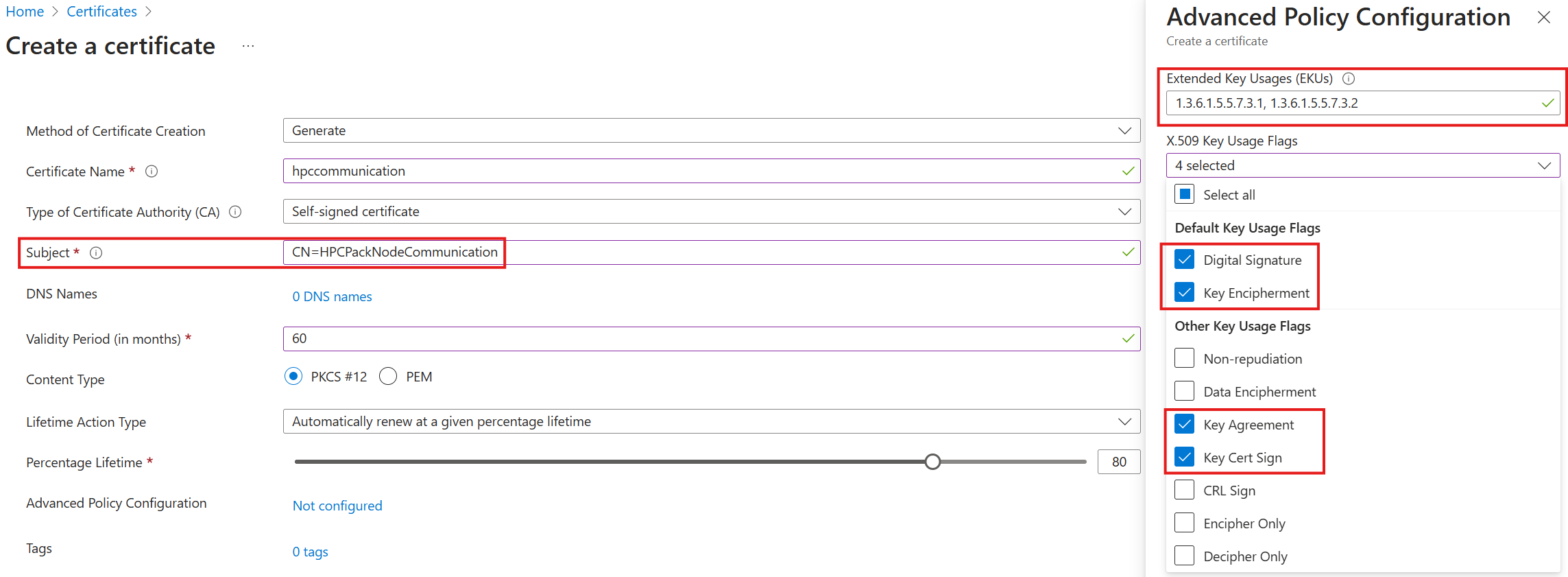 New self-signed key vault certificate