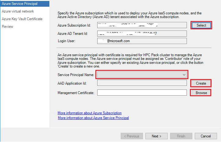 Screenshot shows the Azure Service Principal page with the Service Principal Name drop down menu highlighted.