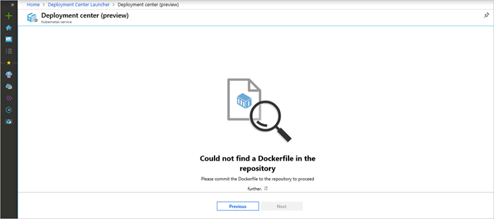 Screenshot shows the Deployment center with a message Could not find Dockerfile in the repository.