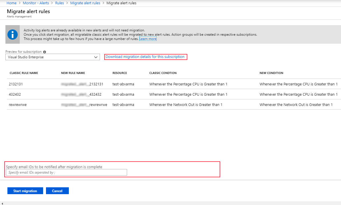 Screenshot shows the Migrate alert rules page with a link to Download migration details for this subscription and you can specify email for migration notification.