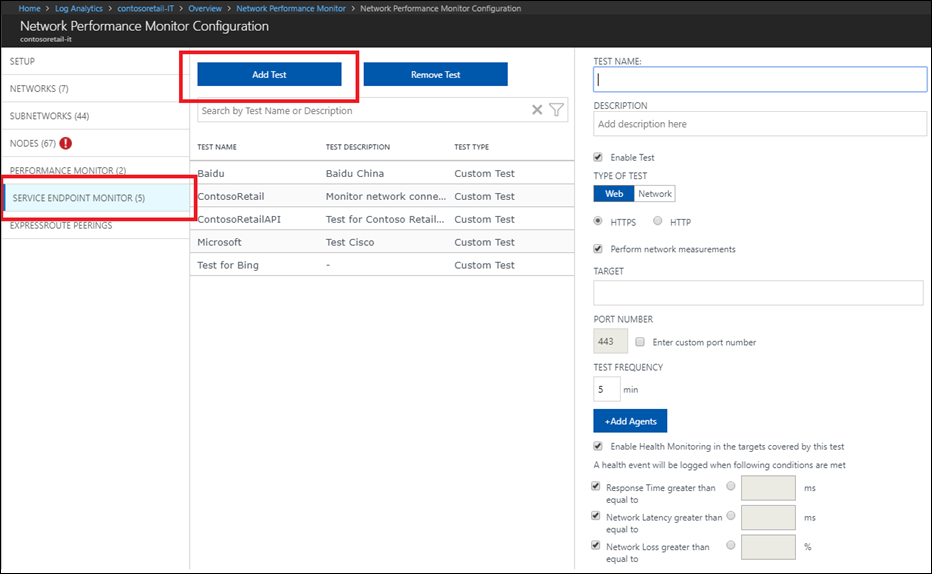 Service Connectivity Monitor test configurations