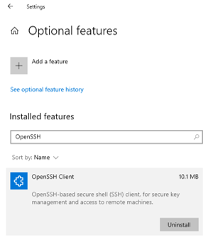 Screenshot of settings showing OpenSSH installation status.