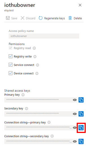 iothubowner window with connection string copy button highlighted.