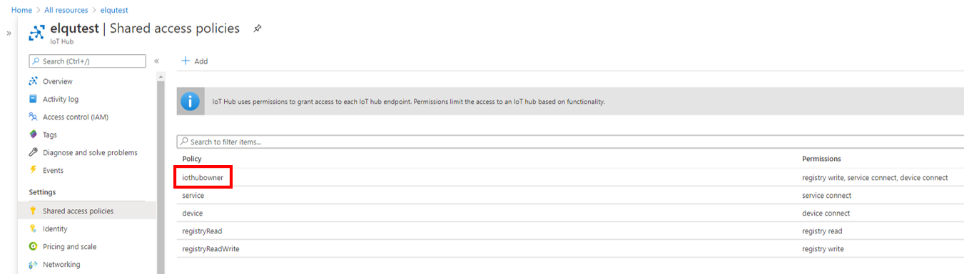 Shared access policies screen with iothubowner highlighted.