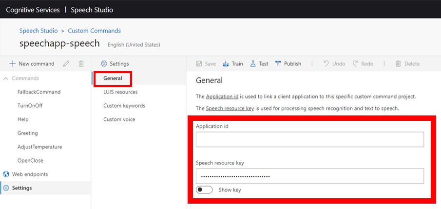 Screenshot of speech project general settings.