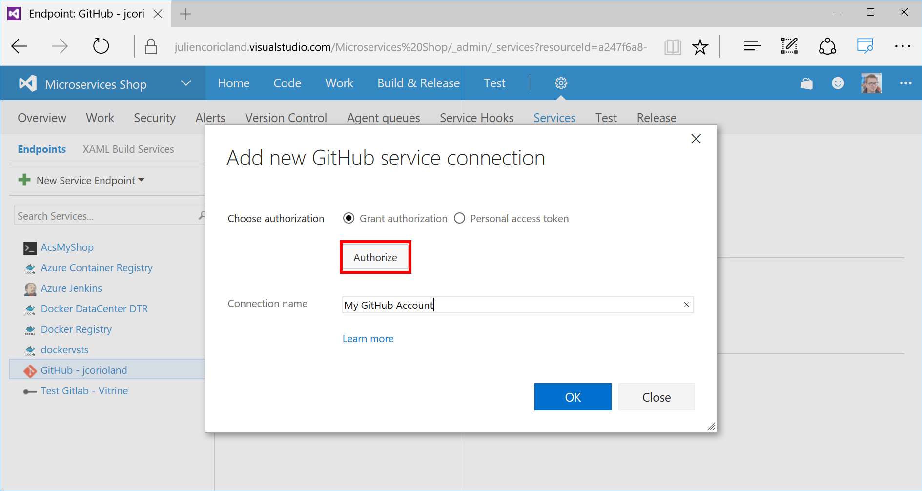 Azure DevOps Services - Authorize GitHub