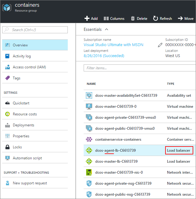 Azure container service load balancer