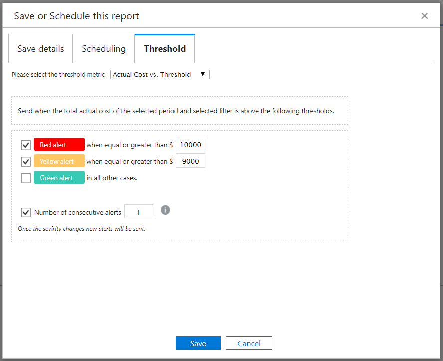 Example showing red and yellow alerts based on spending thresholds