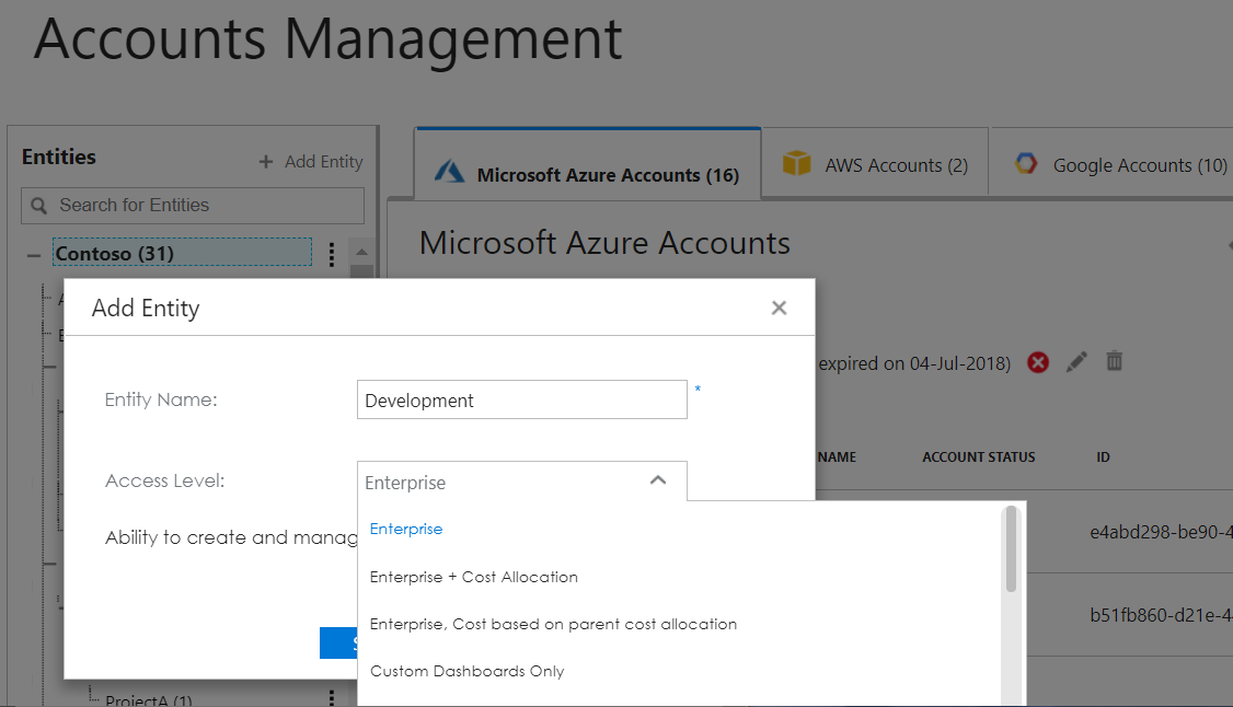 Example showing entity name and access levels in the Add entity box