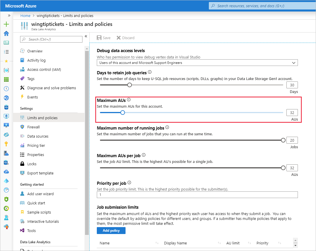 Azure Data Lake Analytics limits and quota page