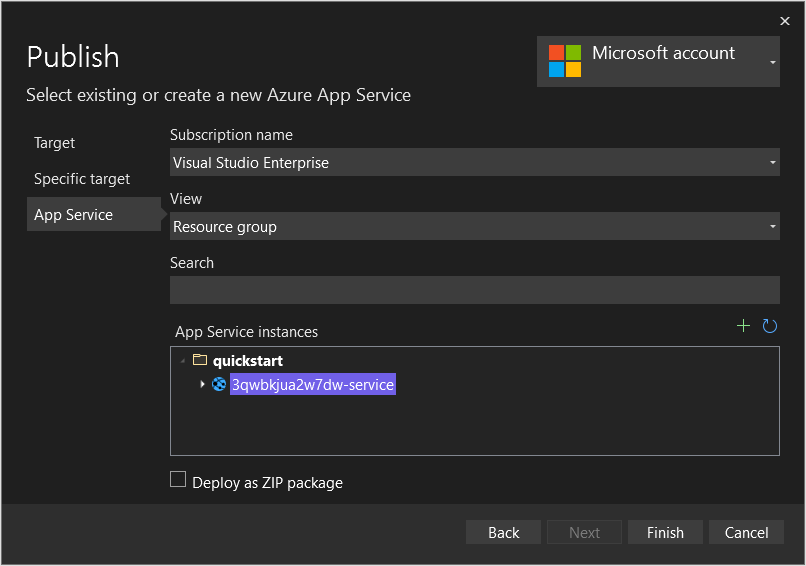 Screenshot of the app service selection window.